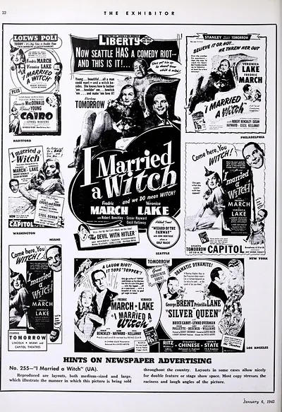 Exhibitors are shown how to sell I Married a Witch — a page of newspaper ad layouts from the trade weekly The Exhibitor, January 1943, running the same Veronica Lake artwork in eight cities at once