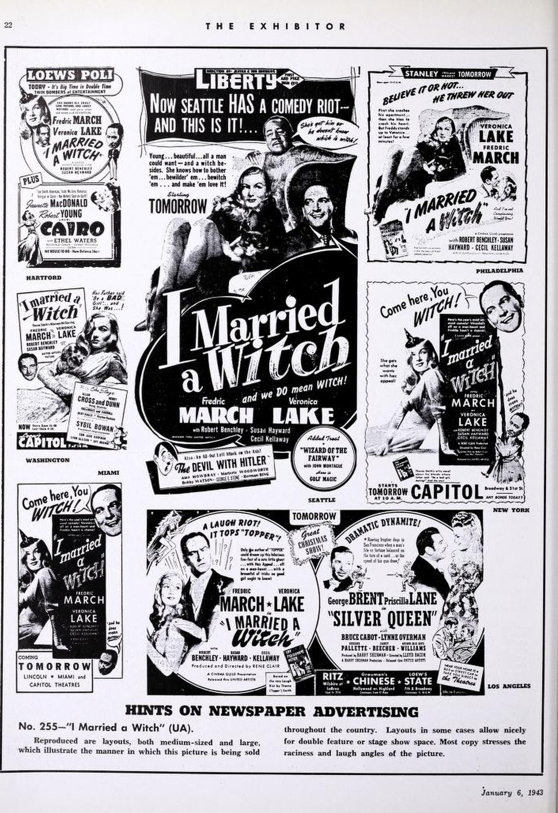 Exhibitors are shown how to sell I Married a Witch — a page of newspaper ad layouts from the trade weekly The Exhibitor, January 1943, running the same Veronica Lake artwork in eight cities at once, 1943 — historic image
