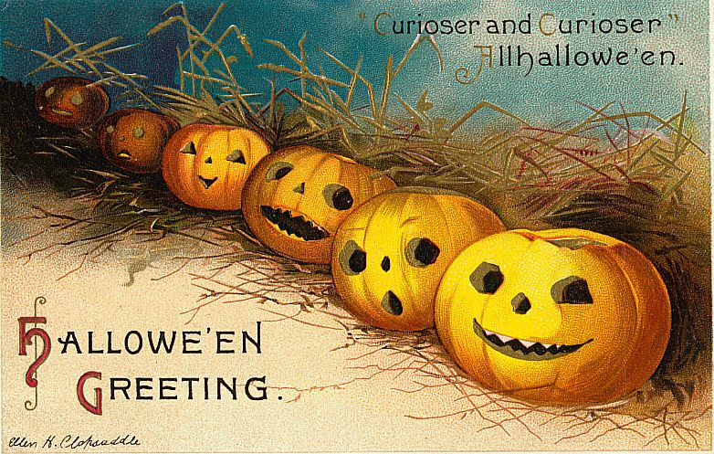 Hallowe'en Greeting: a row of jack-o'-lanterns in the straw, Early 1900s — vintage postcard