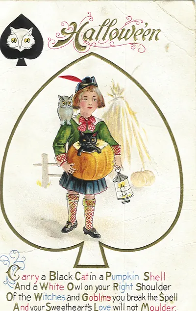 Halloween Postcard With Girl, Black Cat, Owl And Pumpkin