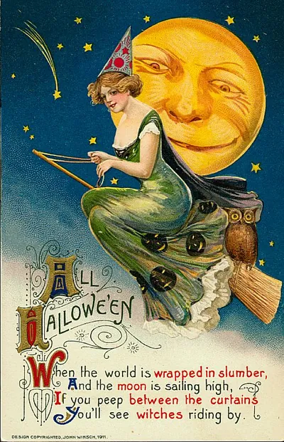 All Halloween: a witch riding past a smiling moon