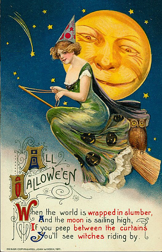 All Halloween: a witch riding past a smiling moon, Early 1900s — vintage postcard