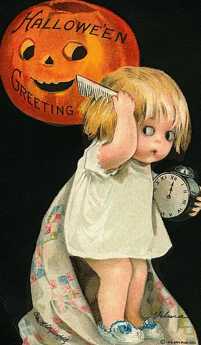 Hallowe'en Greeting: a frightened child and a jack-o'-lantern