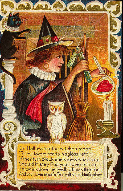 On Halloween the witches resort: a woman casting a love charm, Early 1900s — vintage postcard