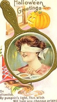 Hallowe'en Greetings: a blindfolded woman in a hand mirror, Early 1900s — vintage postcard