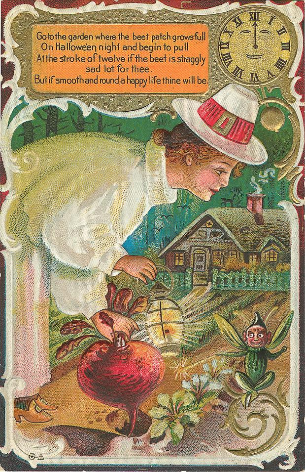 Halloween: a woman pulling a turnip for a fortune, Early 1900s — vintage postcard