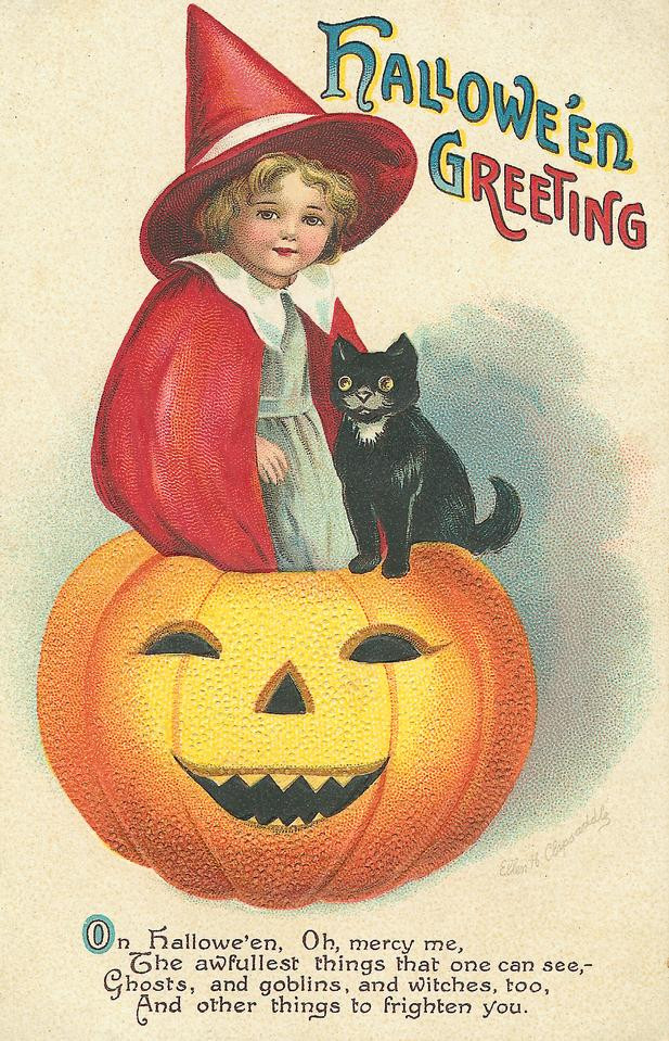 Hallowe'en Greeting: a little witch and black cat on a pumpkin, Early 1900s — vintage postcard
