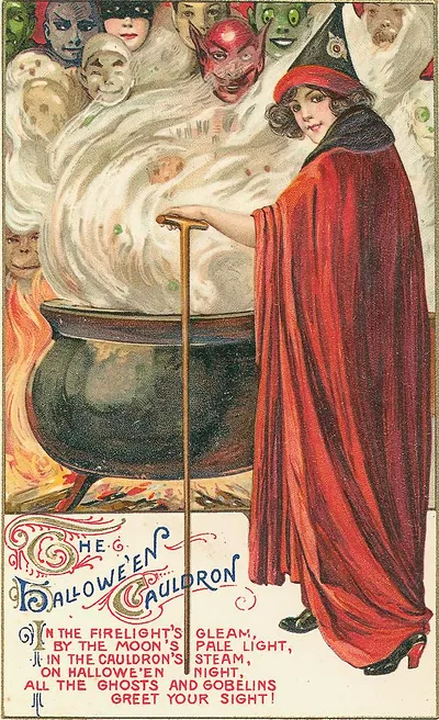 The Hallowe'en Cauldron: a woman in a red cloak stirring the pot