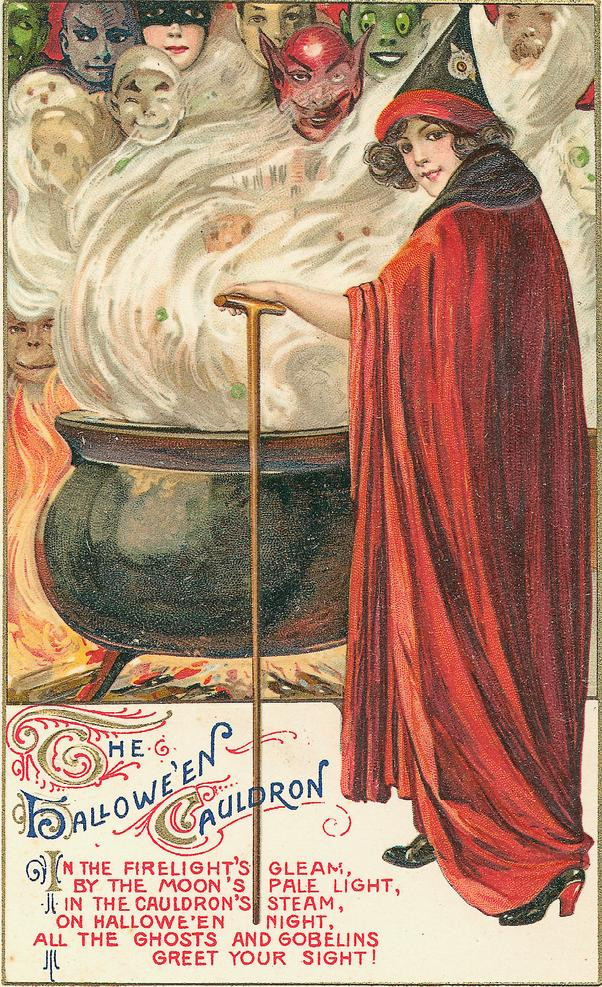 The Hallowe'en Cauldron: a woman in a red cloak stirring the pot, Early 1900s — vintage postcard