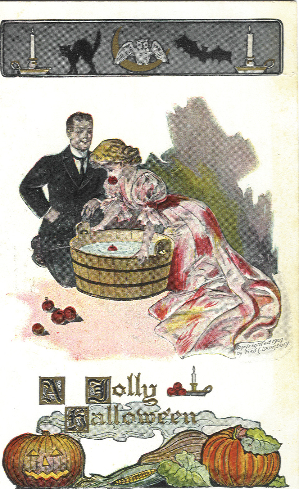 A Jolly Halloween postcard, bobbing for apples, 1907 — vintage postcard