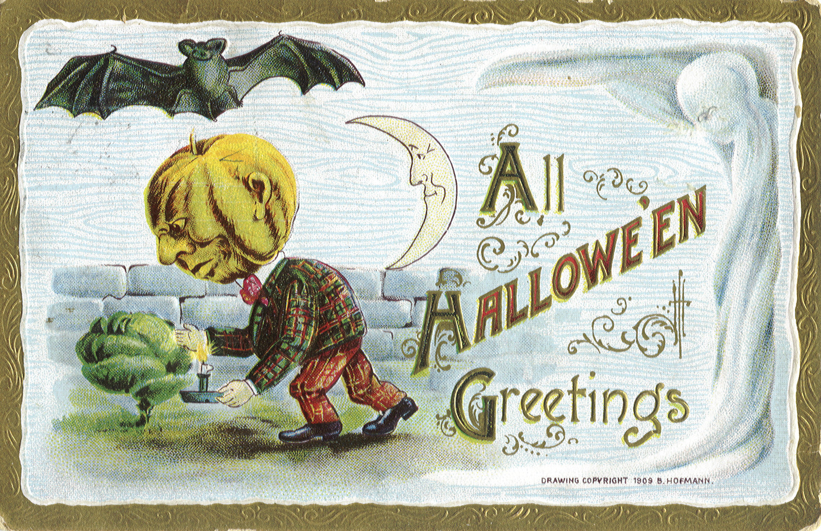 All Hallowe'en Greetings postcard with pumpkin-headed man — vintage postcard