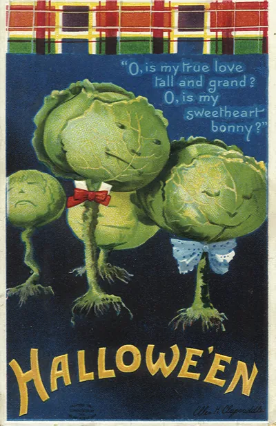 Halloween postcard with anthropomorphic cabbages and verse