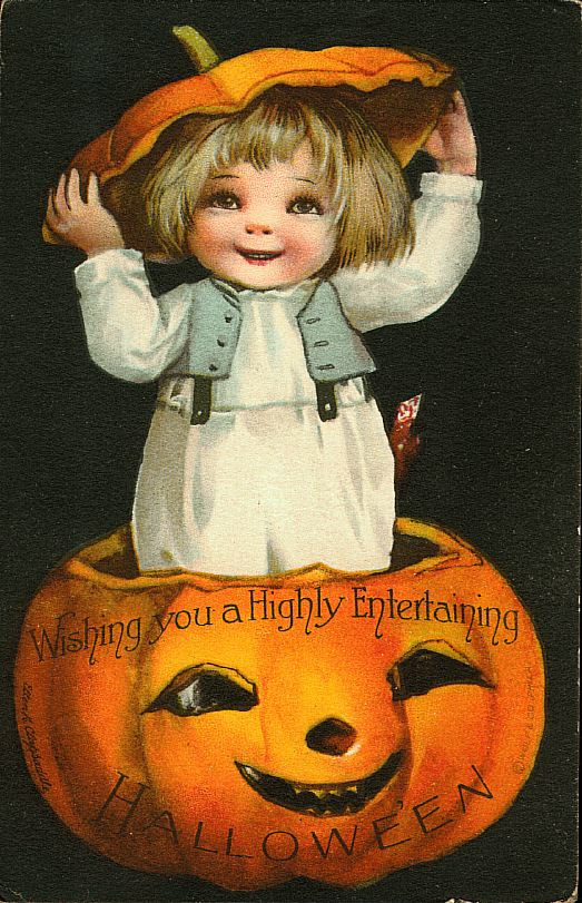 A child popping out of a jack-o'-lantern, Early 1900s — vintage postcard