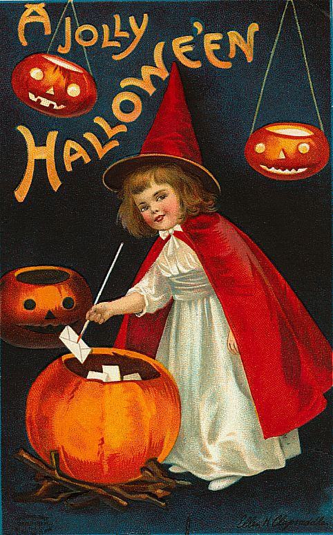 A Jolly Hallowe'en: a girl in a red cape with jack-o'-lanterns, Early 1900s — vintage postcard