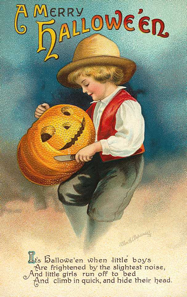 A Merry Hallowe'en: a boy carving a pumpkin, Early 1900s — vintage postcard