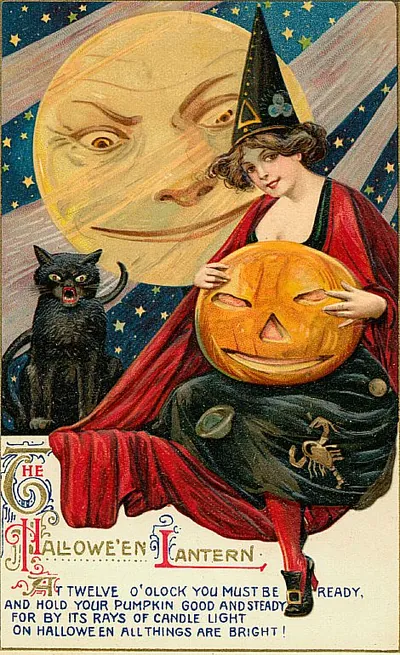 The Hallowe'en Lantern: a woman with a jack-o'-lantern under the moon