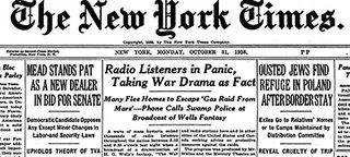 The New York Times, October 31, 1938: “Radio Listeners in Panic, Taking War Drama as Fact”, 1938 — historic image