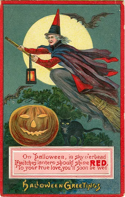Halloween greetings postcard with witch, jack-o'-lantern and black cat
