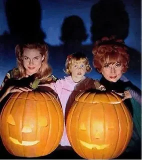 Endora, Tabitha and Samantha behind two jack-o’-lanterns — three generations of witches on a Halloween episode, October 1969