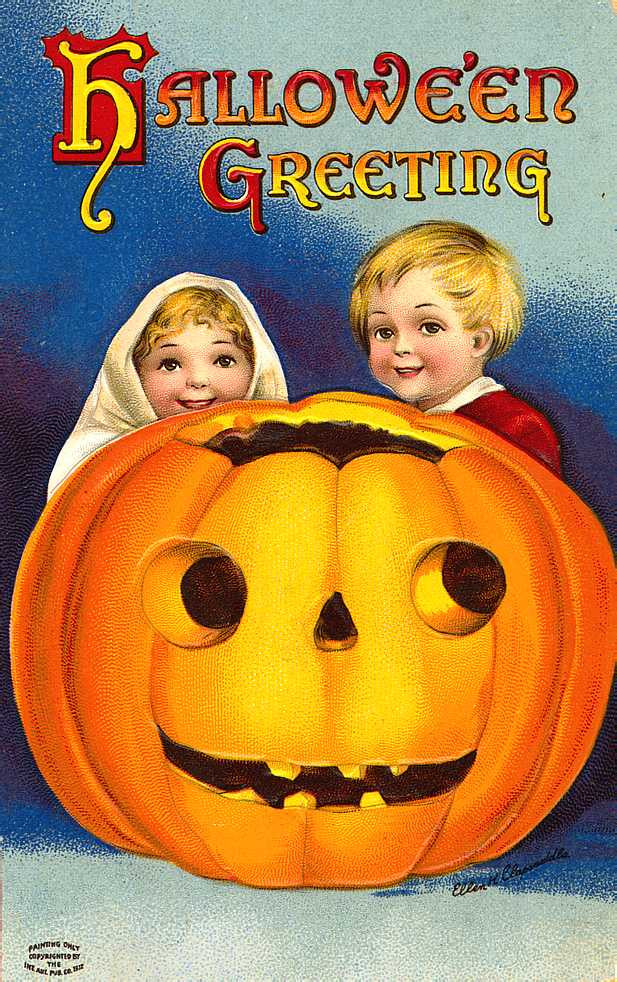 Hallowe'en Greeting: children behind a giant jack-o'-lantern, Early 1900s — vintage postcard