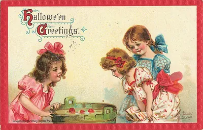 Hallowe'en Greetings: girls bobbing for apples