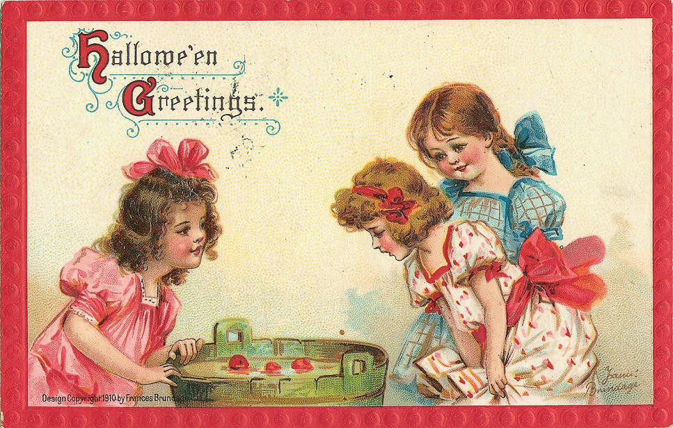 Hallowe'en Greetings: girls bobbing for apples, Early 1900s — vintage postcard