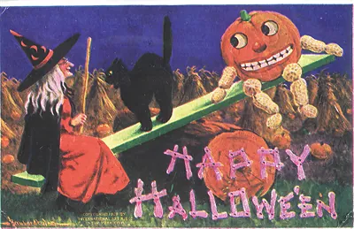 Happy Halloween postcard with witch, black cat and pumpkins