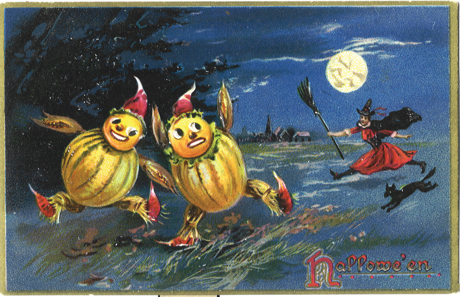 Hallowe'en postcard with pumpkin figures and a witch — vintage postcard