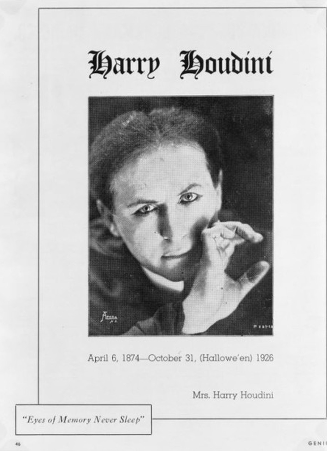 The memorial Bess Houdini put out for her husband: April 6, 1874 to October 31 (Hallowe'en), 1926, signed Mrs. Harry Houdini