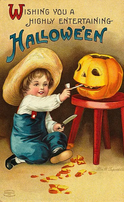 Wishing You a Highly Entertaining Hallowe'en: a boy carving a pumpkin