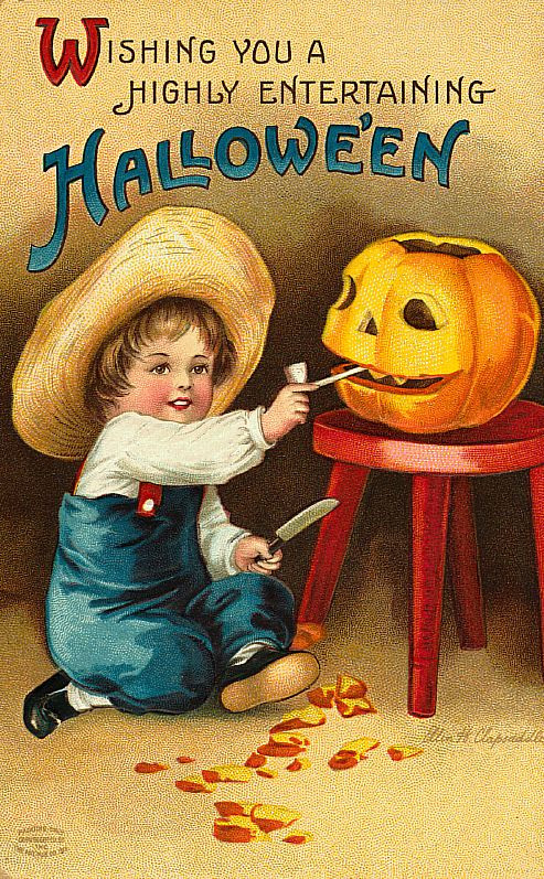 Wishing You a Highly Entertaining Hallowe'en: a boy carving a pumpkin, Early 1900s — vintage postcard