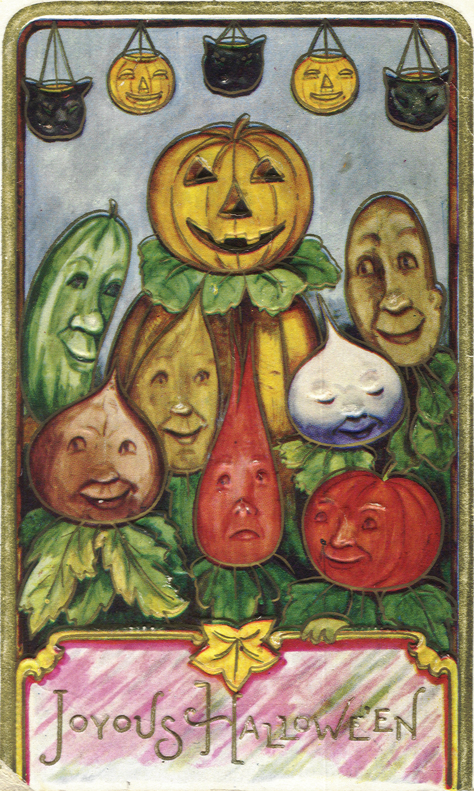 Joyous Halloween greeting card with anthropomorphic pumpkin and vegetables — vintage postcard