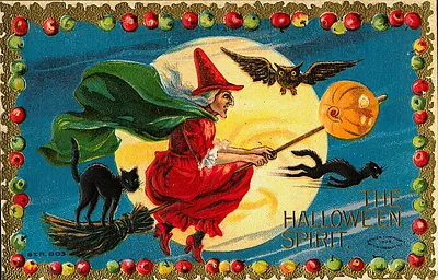 Hallowe'en: a witch on a broomstick with black cats and bats
