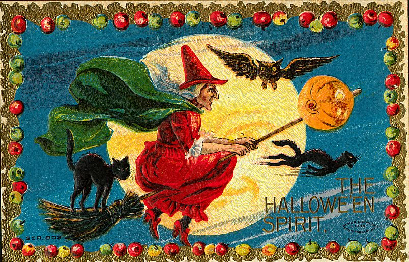 Hallowe'en: a witch on a broomstick with black cats and bats, Early 1900s — vintage postcard