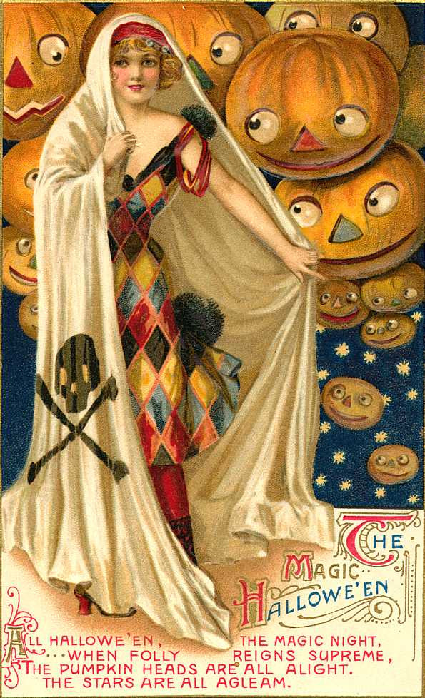 The Magic Hallowe'en: a ghost and a wall of jack-o'-lanterns, Early 1900s — vintage postcard