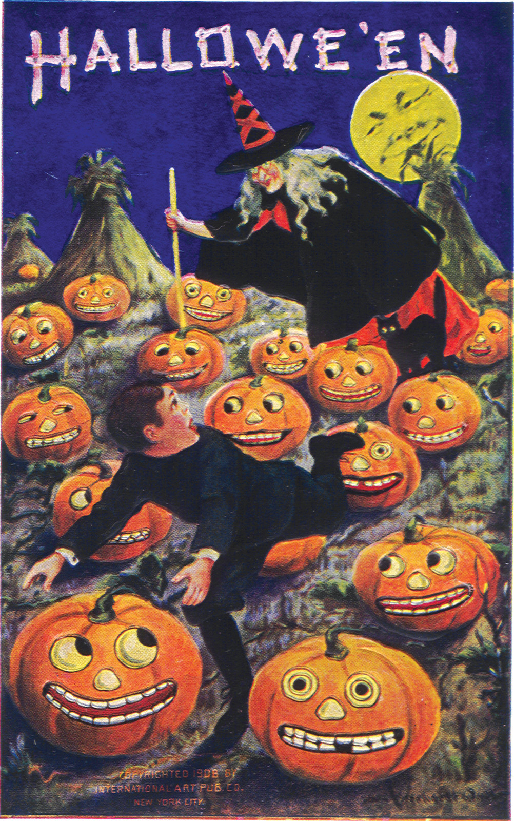 Halloween postcard with witch and jack-o'-lanterns — vintage postcard