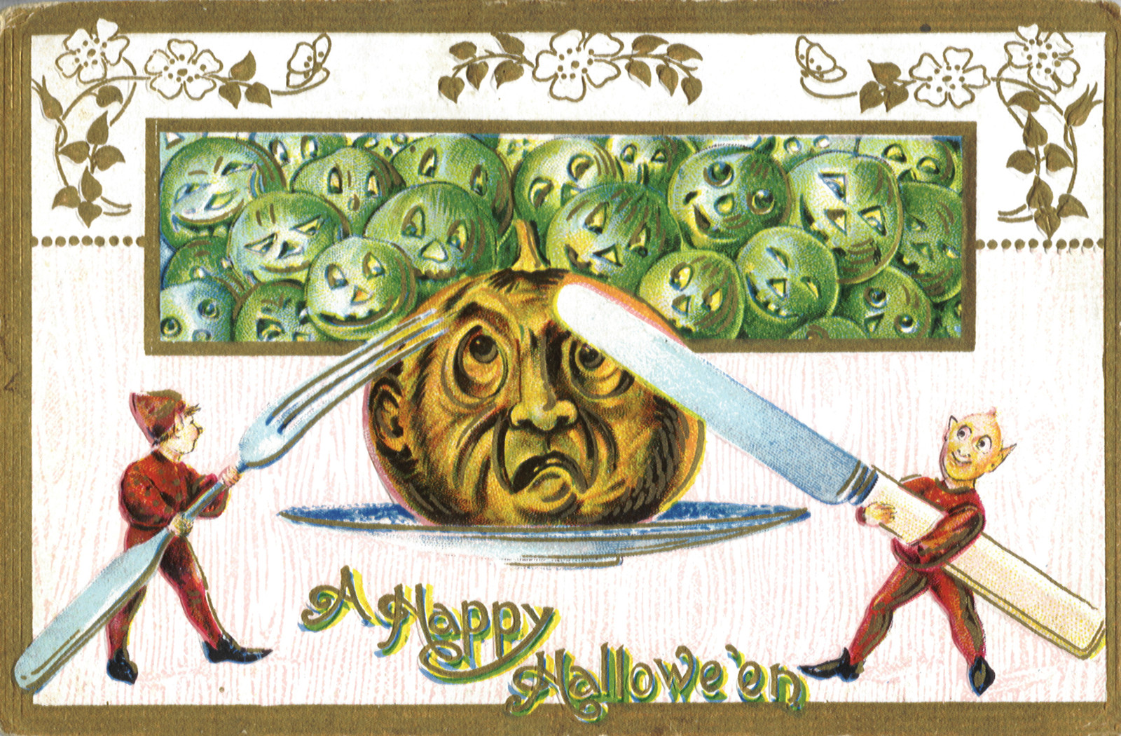 A Happy Hallowe'en greeting card with pumpkin face and cutlery — vintage postcard