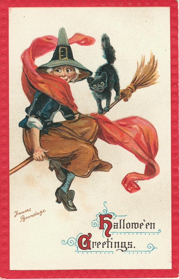 Hallowe'en Greetings: a witch on a broomstick with a black cat, Early 1900s — vintage postcard