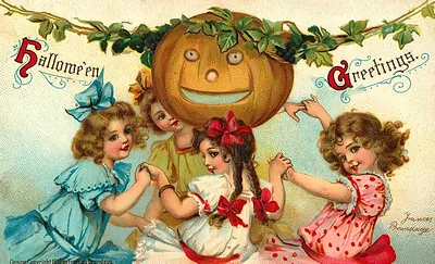 Hallowe'en Greetings: girls dancing around a jack-o'-lantern