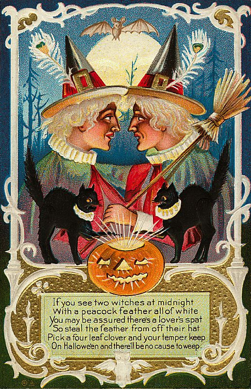Halloween charm: two faces, black cats and a jack-o'-lantern, Early 1900s — vintage postcard