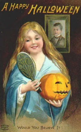 A Happy Hallowe'en: a girl with a mirror and jack-o'-lantern