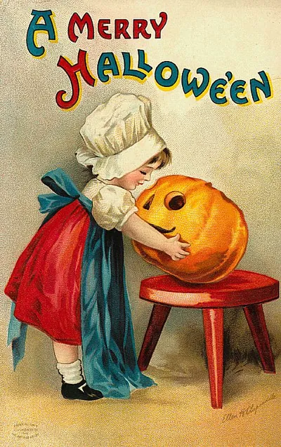 A Merry Hallowe'en: a girl hugging a jack-o'-lantern