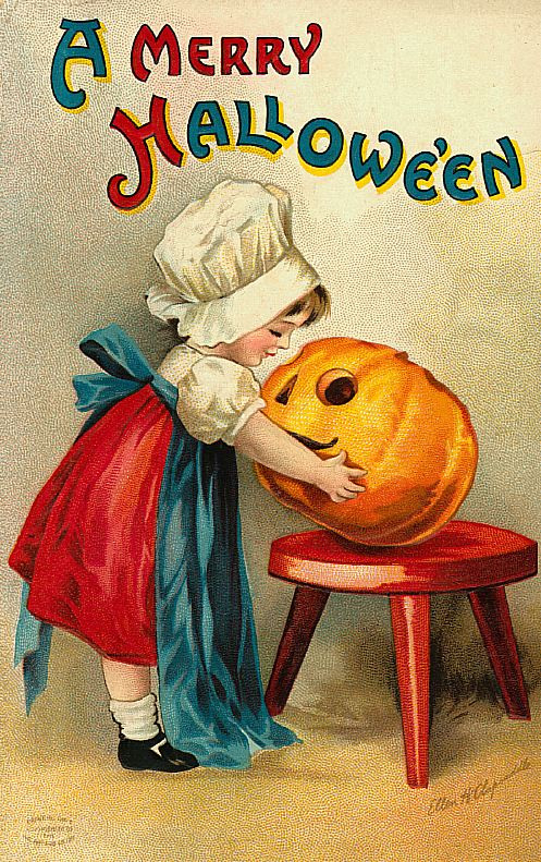 A Merry Hallowe'en: a girl hugging a jack-o'-lantern, Early 1900s — vintage postcard