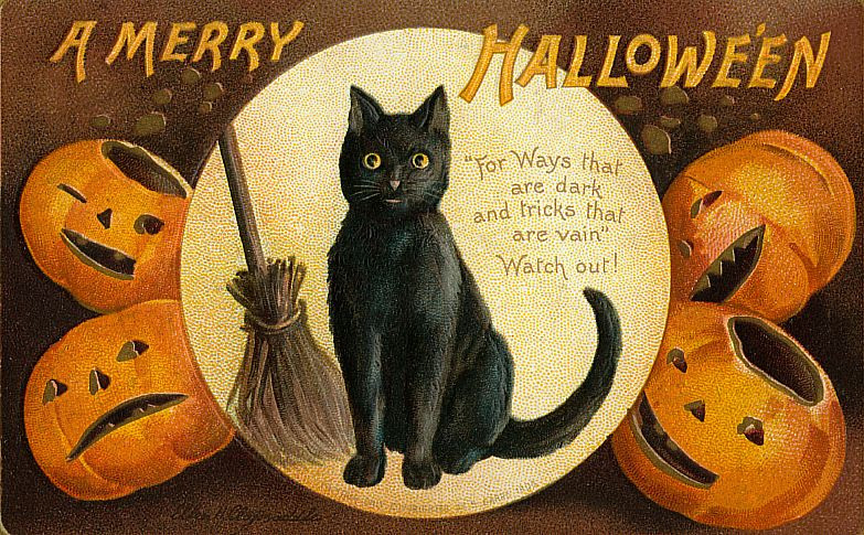 A Merry Halloween: a black cat and broom among jack-o'-lanterns, Early 1900s — vintage postcard
