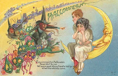 Halloween: a woman on the crescent moon and a witch's charm