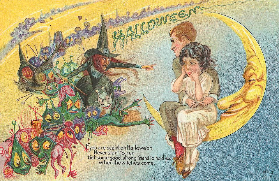 Halloween: a woman on the crescent moon and a witch's charm, Early 1900s — vintage postcard