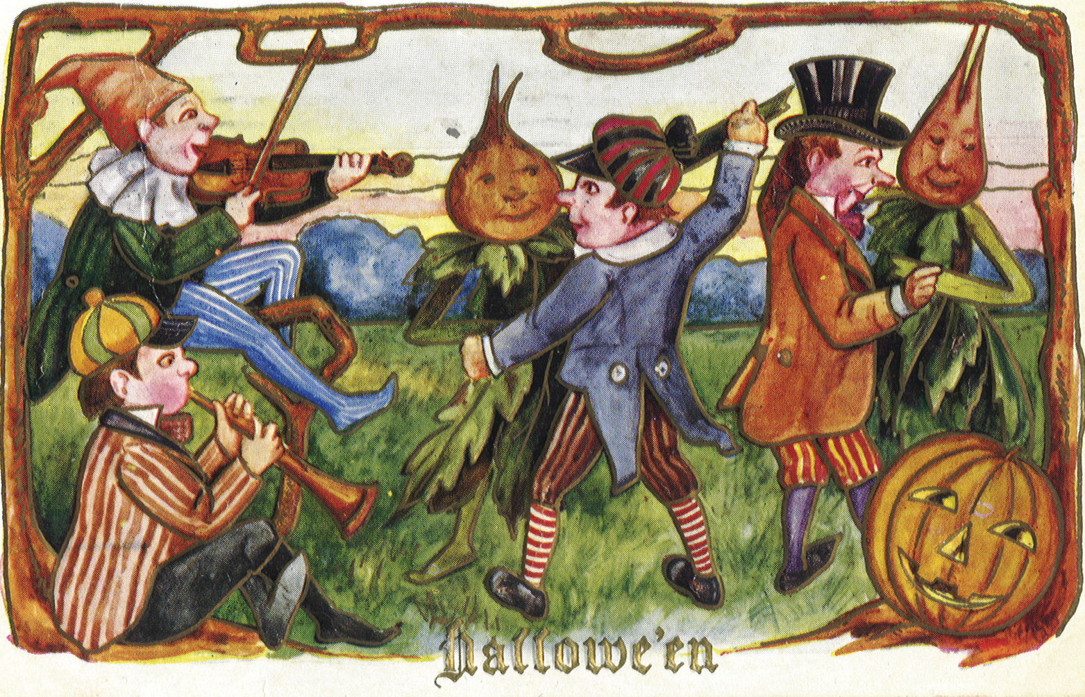 Hallowe'en postcard: musicians and turnip-headed dancers with a jack-o'-lantern — vintage postcard
