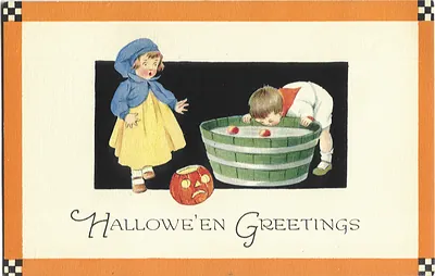 Halloween Greetings postcard: children, jack-o'-lantern, apple bobbing tub