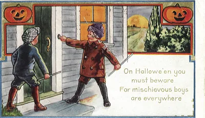 Halloween postcard of boys at a door with verse