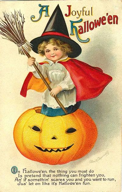 A Joyful Hallowe'en: a little witch on a jack-o'-lantern
